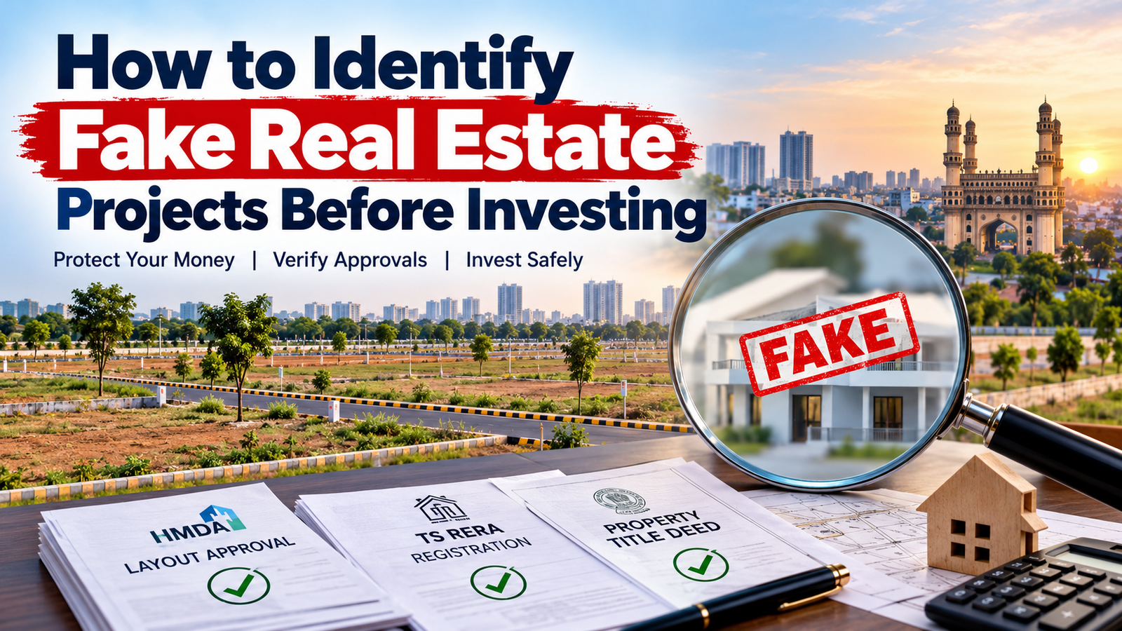 How to identify fake real estate projects by verifying HMDA approvals, RERA registration, and property title documents.